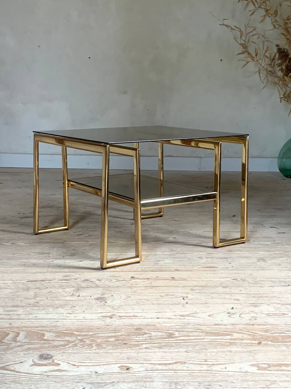 Vintage gold metal and smoked glass coffee table