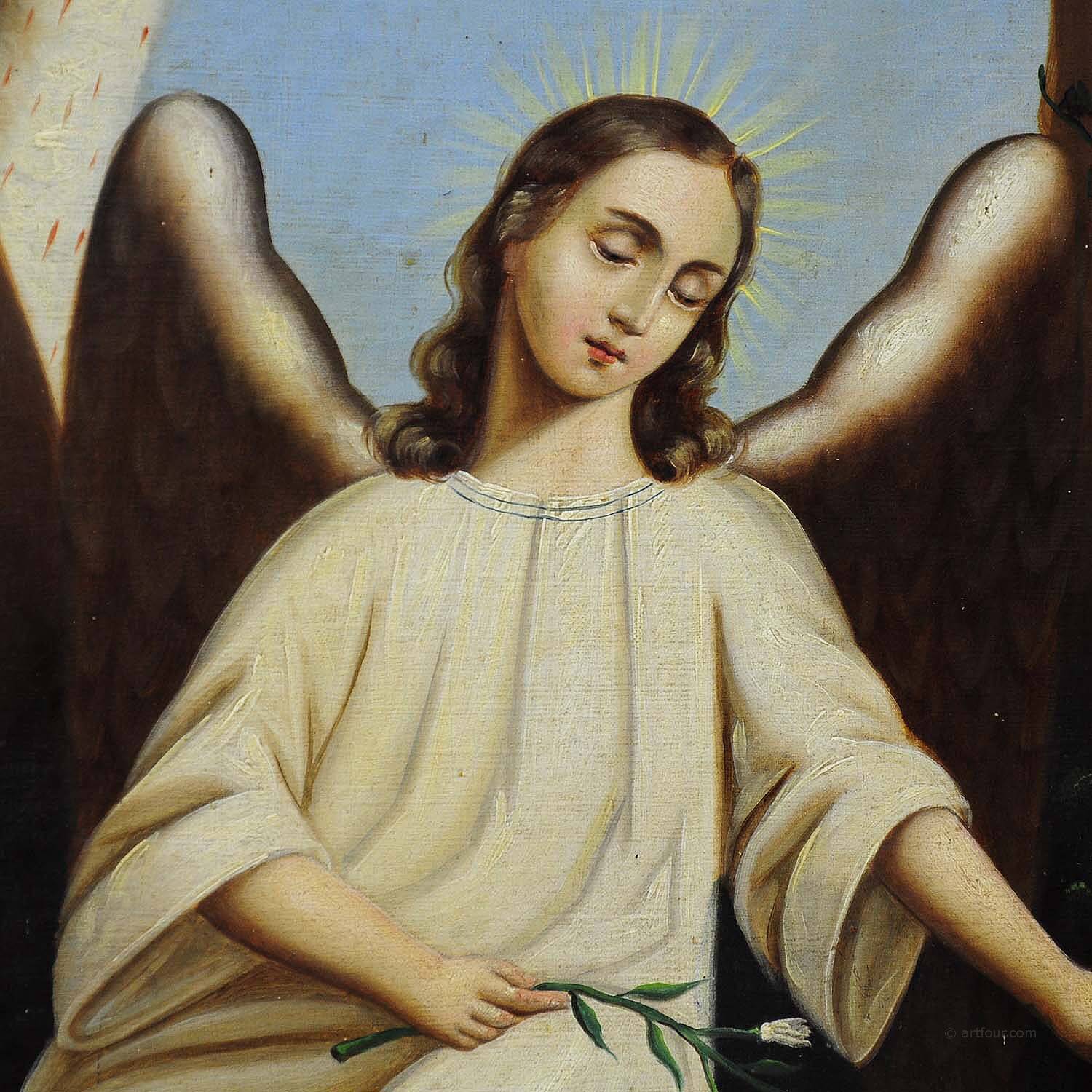 Oil painting on canvas, angel with sleeping child.
