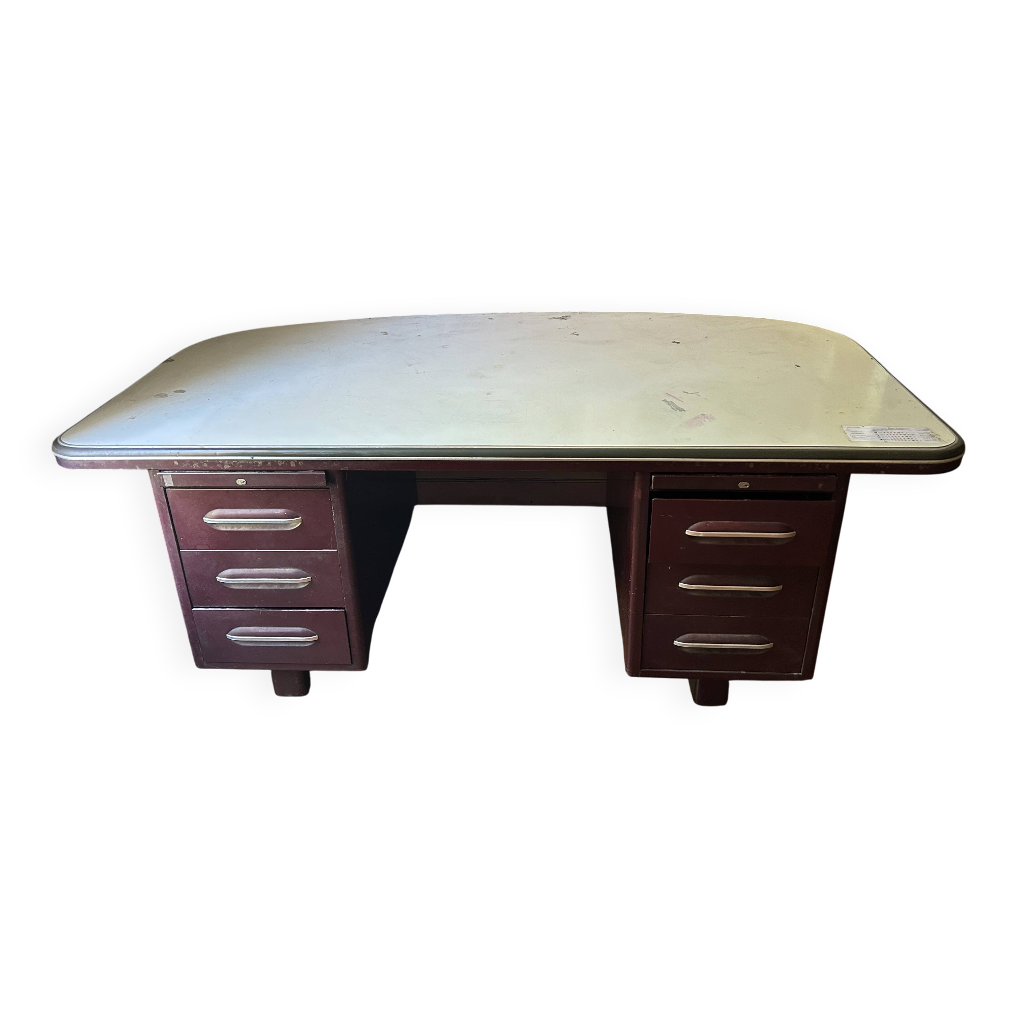 Grand bureau industriel vintage – métal bordeaux