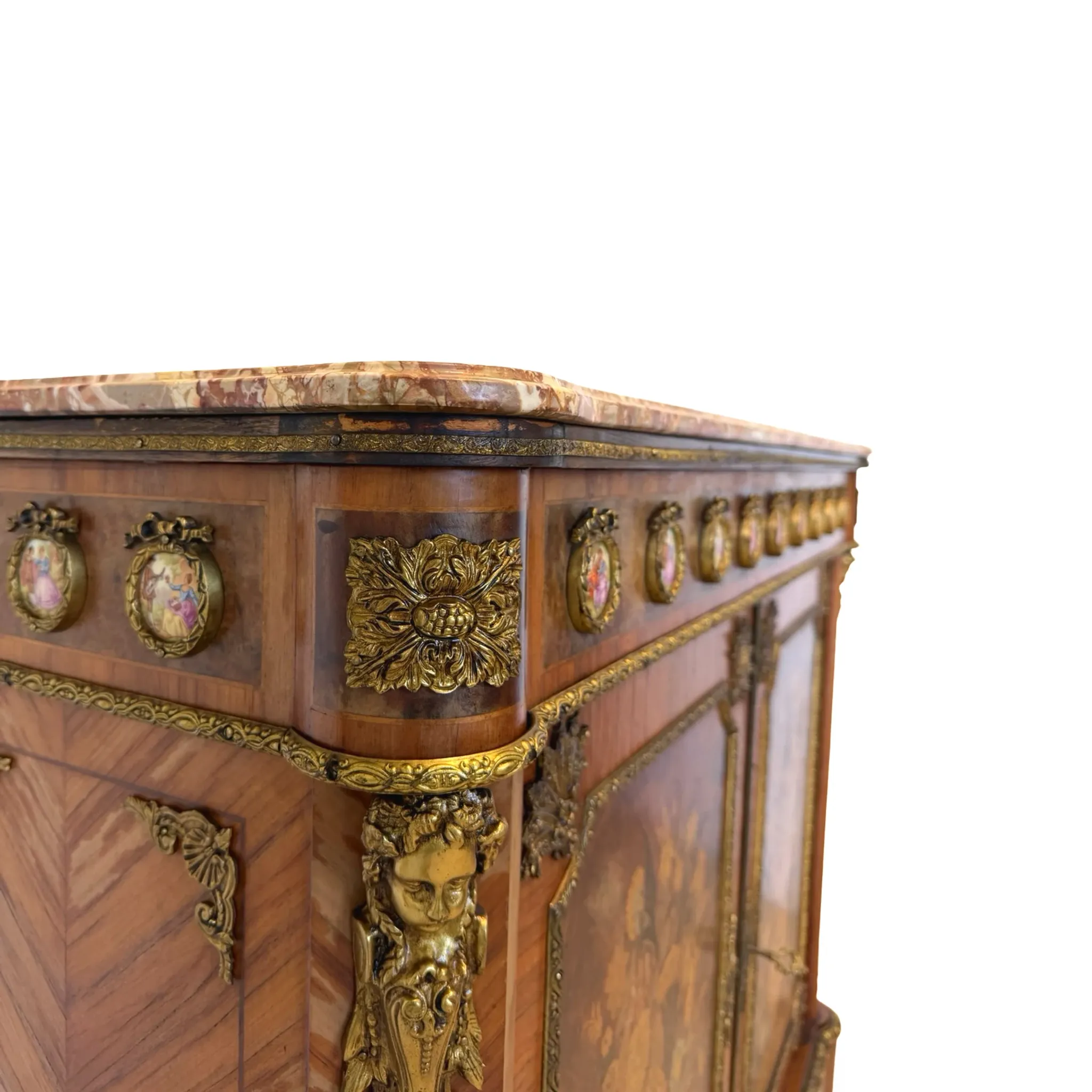 An antique French Louis XVI-style marble-top side cabinet