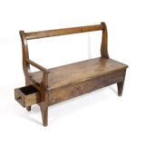 Handcrafted wooden bench with armrest and drawer on the right.