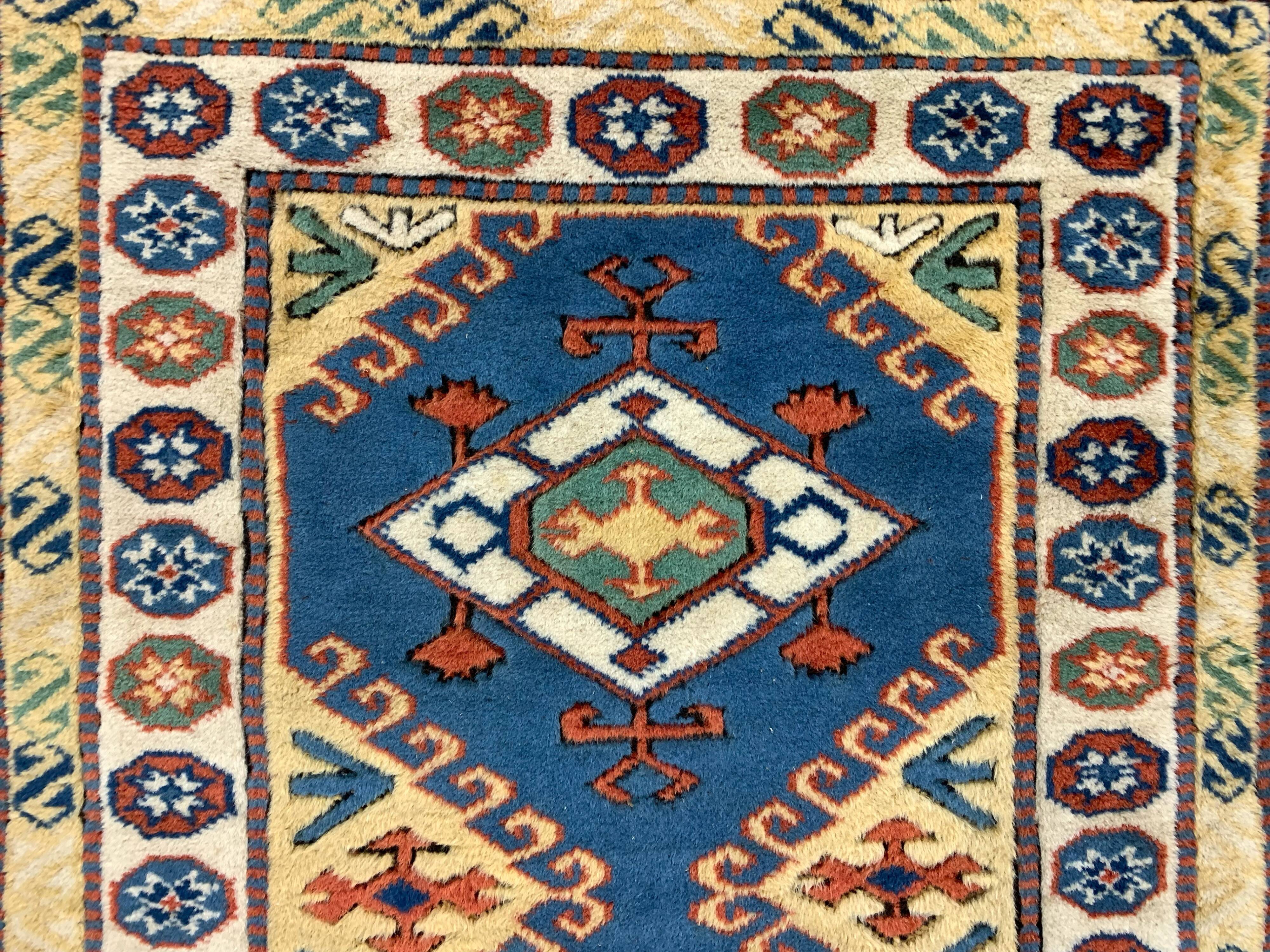 Old Turkish Kazak Rug Oriental 123x95 cm vintage tribal carpet, Red and Blue