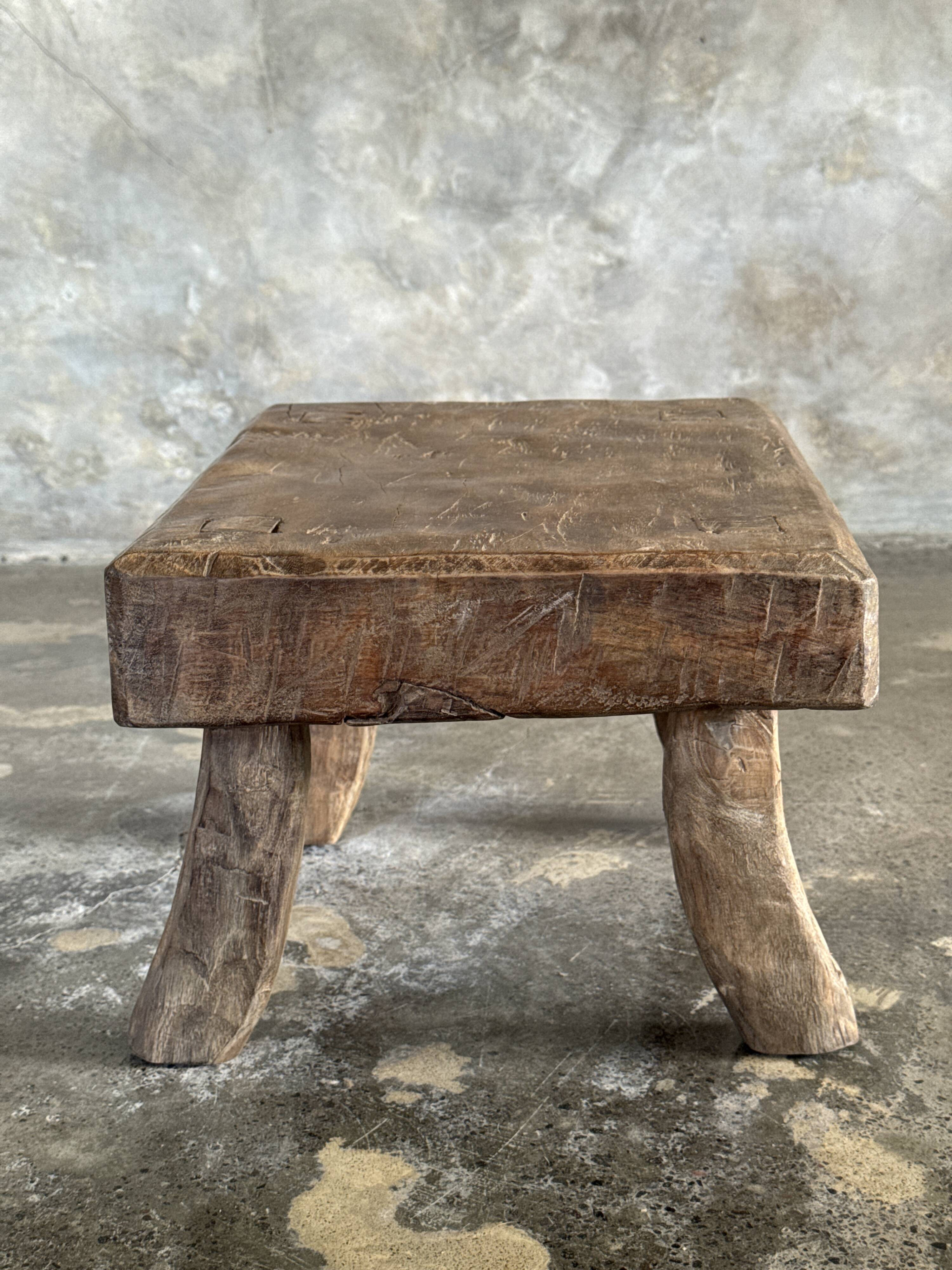 Small stool, rectangular accent stool in solid teak wabi-sabi H26