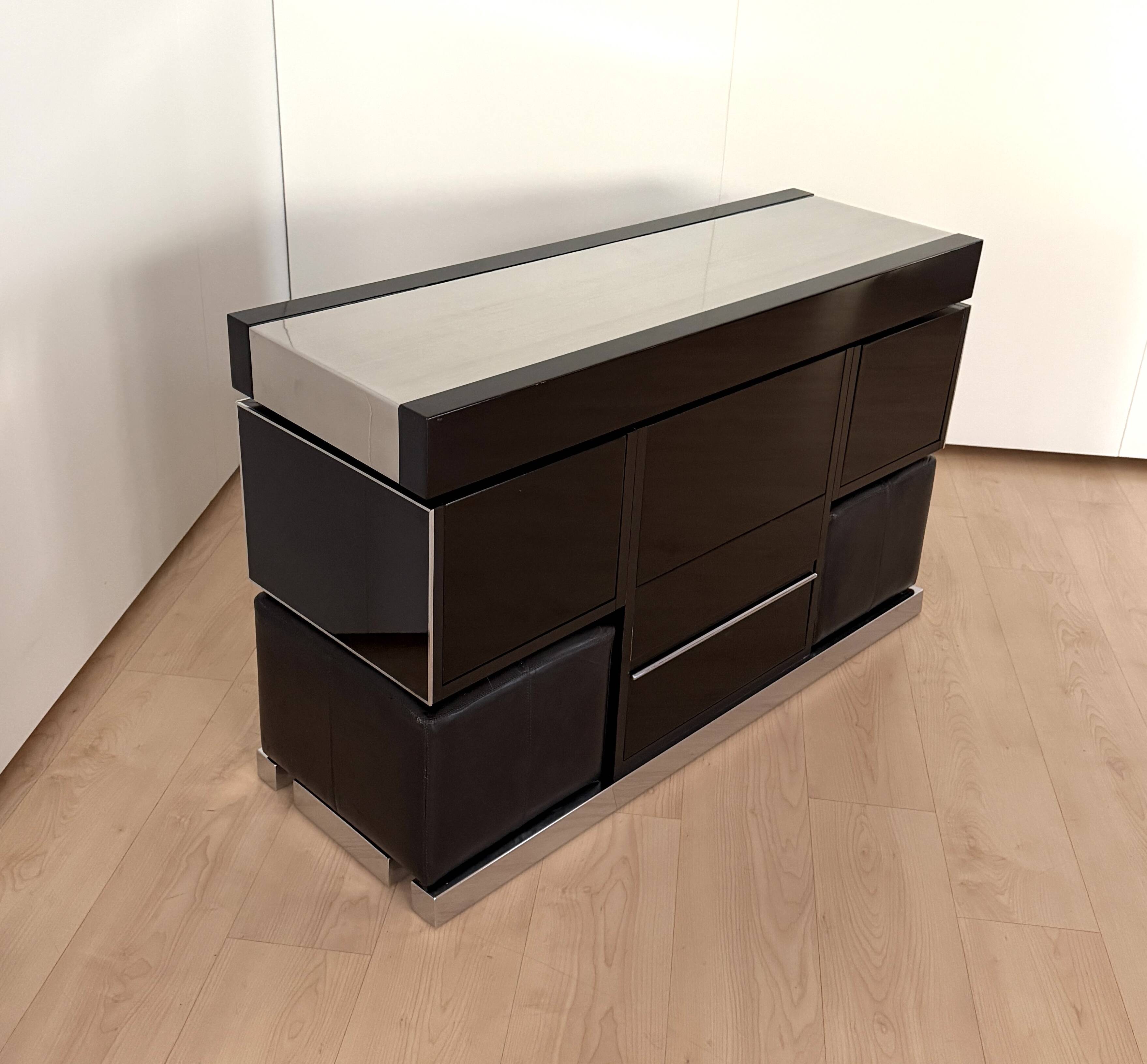 Willy Rizzo Dry Bar, Black Lacquer, Chrome, Leather, Italy circa 1970