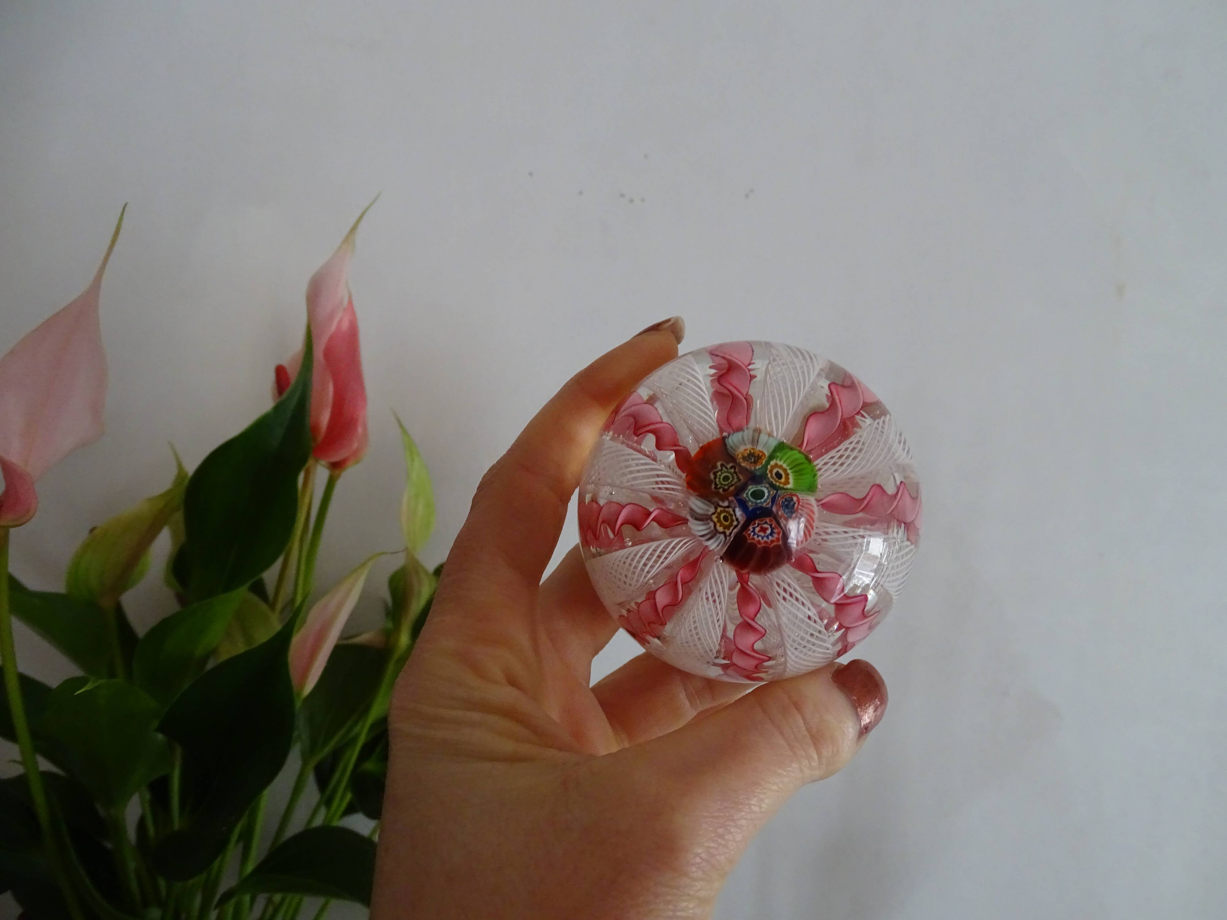 Murano paperweight millefiori and latticino twisted ribbons
