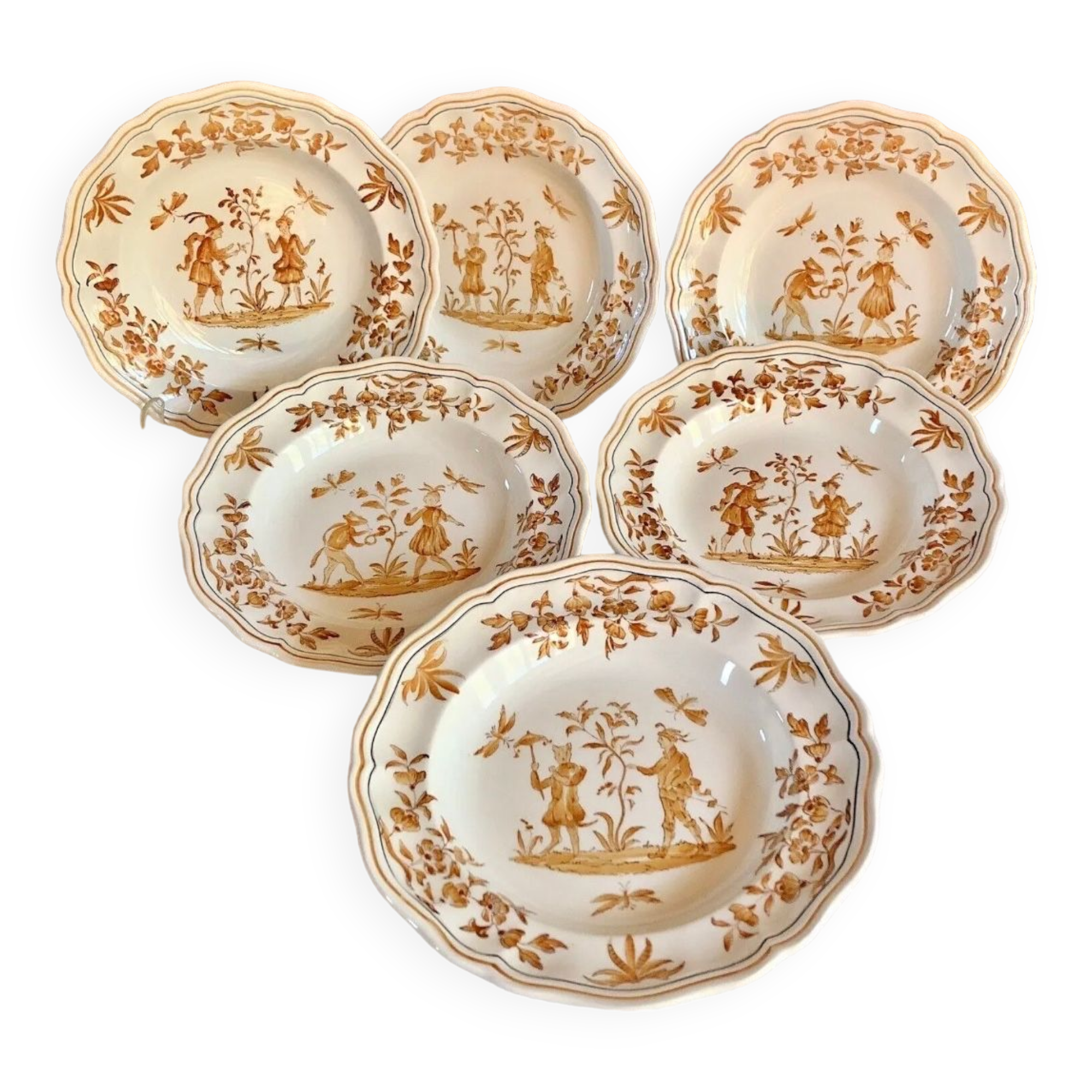 6 Longchamp soup plates Moustier Olérys decor