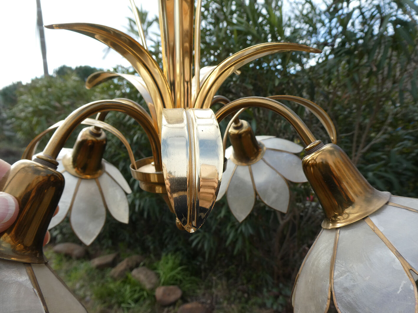 Brass chandelier and flowers in mother-of-pearl petals
