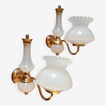Gold sconces and opaline glass 1970, set of 2