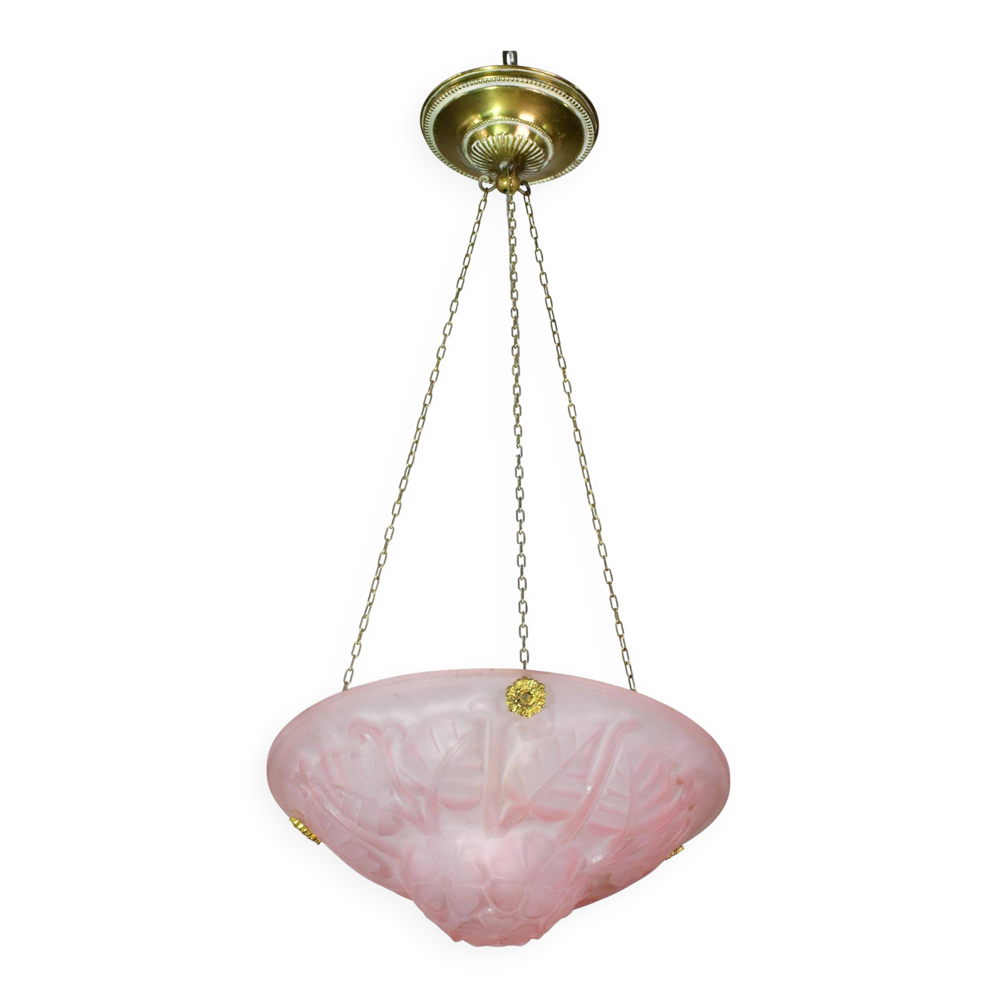 Pink Art Deco top quality pendant light with floral decorations, signed Degué