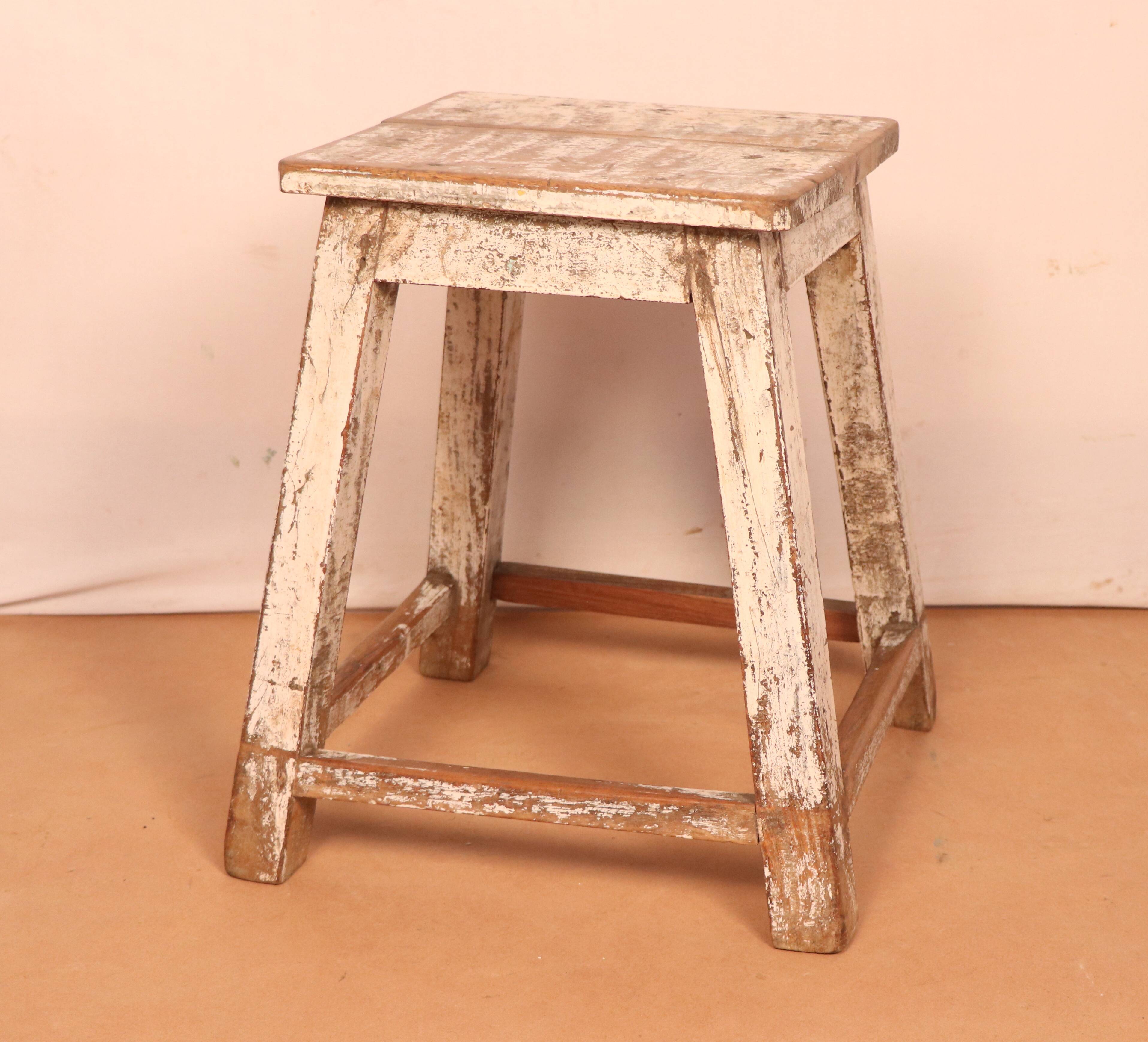 Old burmese teak workshop stool original ecru-teak patina