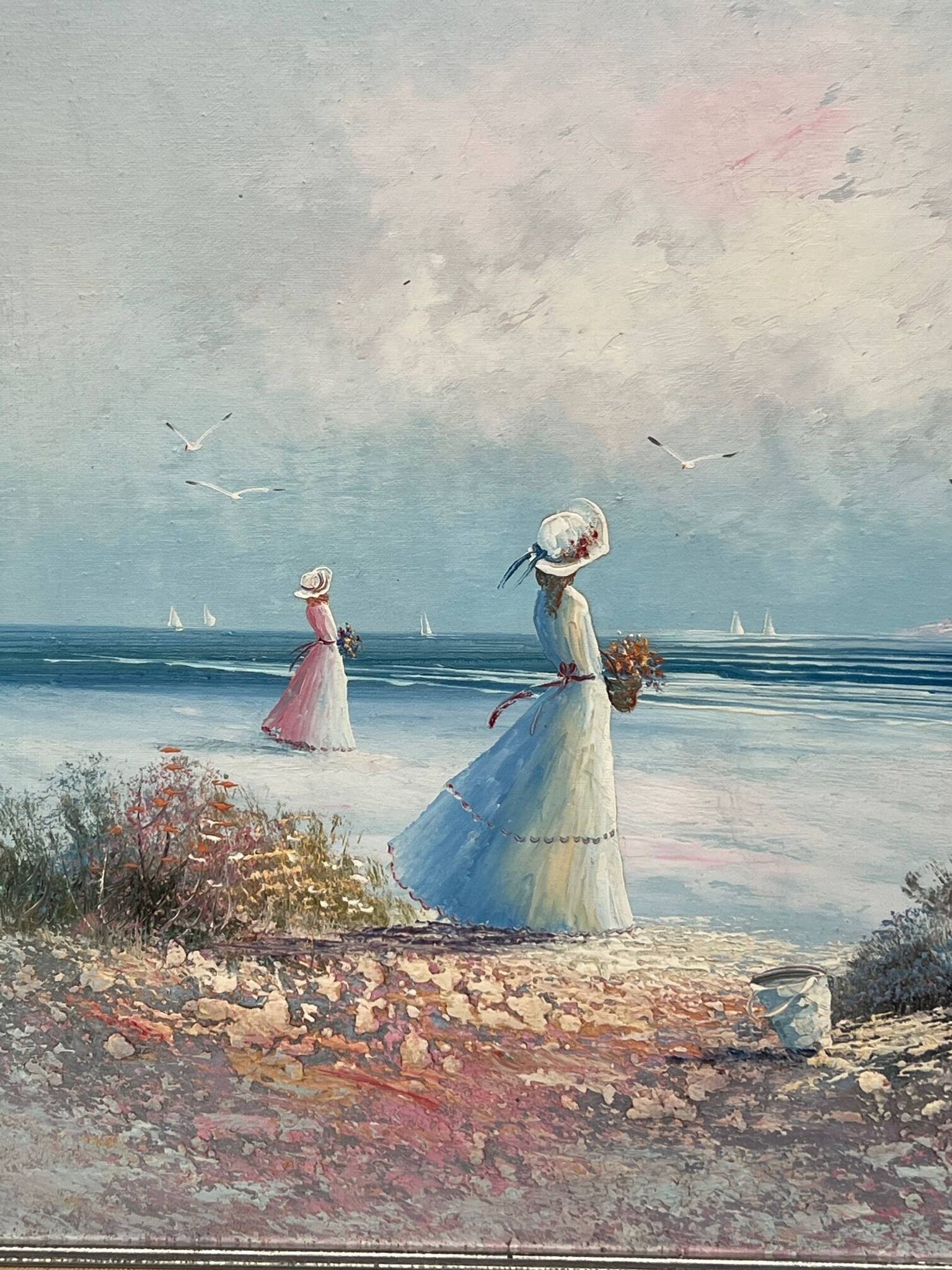 J. Miller. "Promenade au bord de la rivière". Huile sur toile. Impressionnisme.