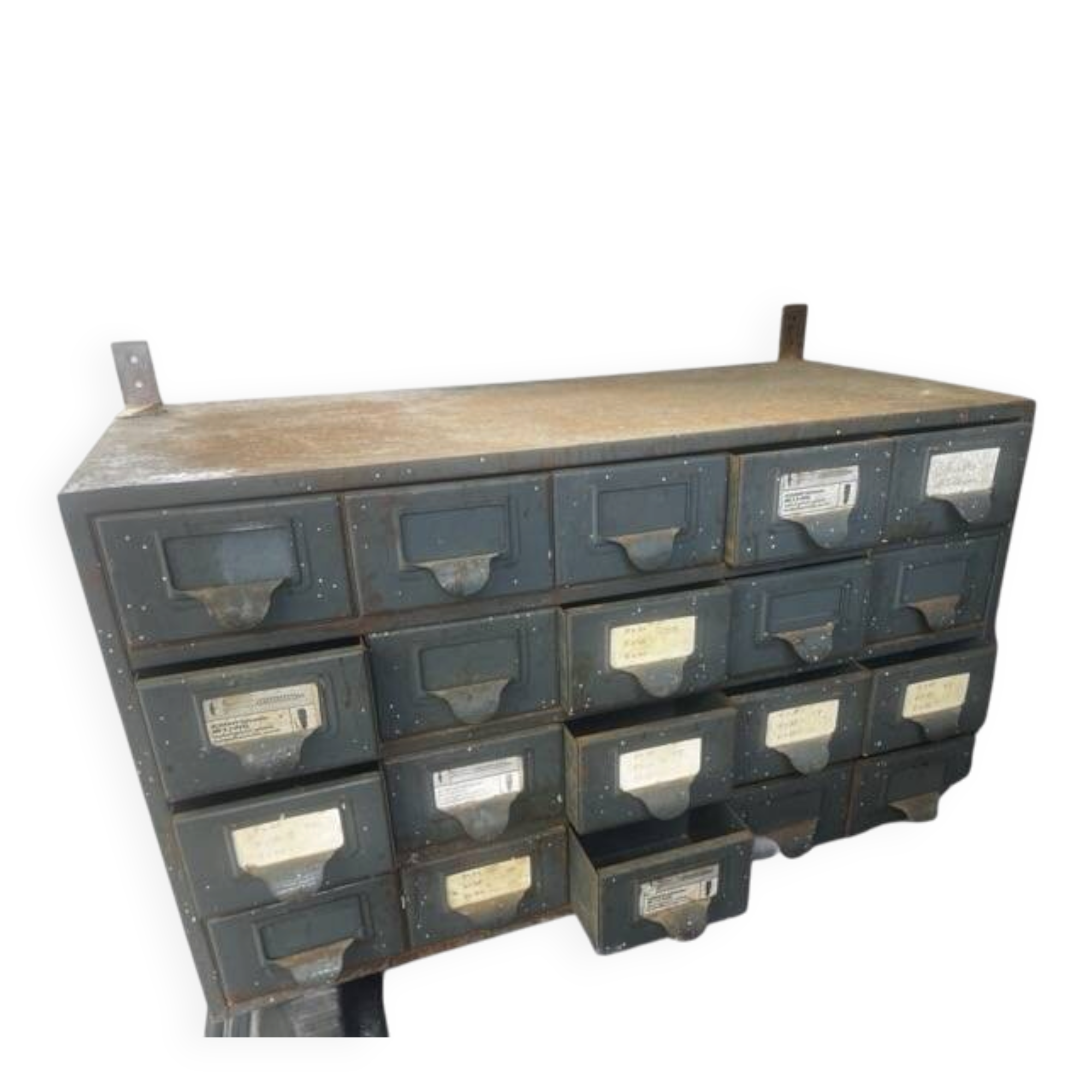 Industrial metal workshop cabinet, 20 drawers, original patina.