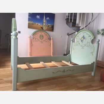 Bed solid oak wood Brighton Blue Green decorated hand painted