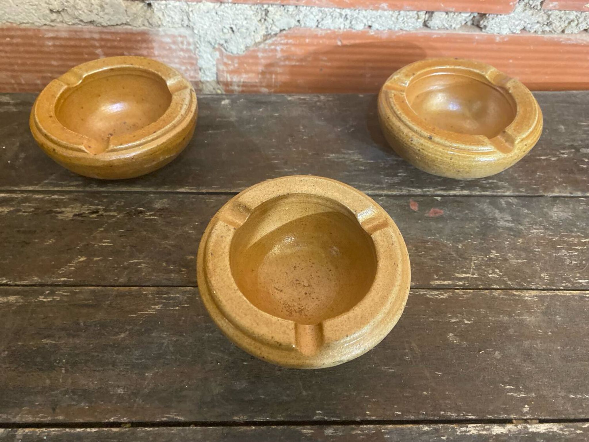 Set of 3 Vintage Beige Stoneware Ashtrays Made in France