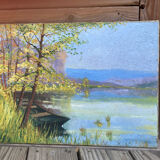 Huile sur toile, barque, lac, post impressionnisme