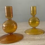 Pair of vintage amber glass candlesticks