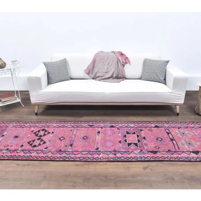 Vintage Pink Geometric Turkish Hand-Knotted Runner 80x337