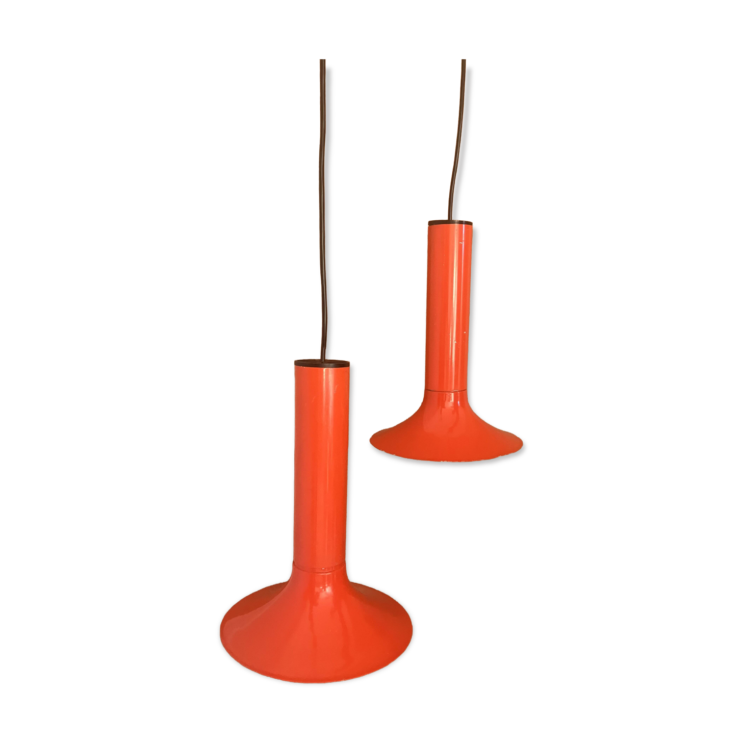 Pair of Lita metal orange pendant lights from the 70s Space Age.