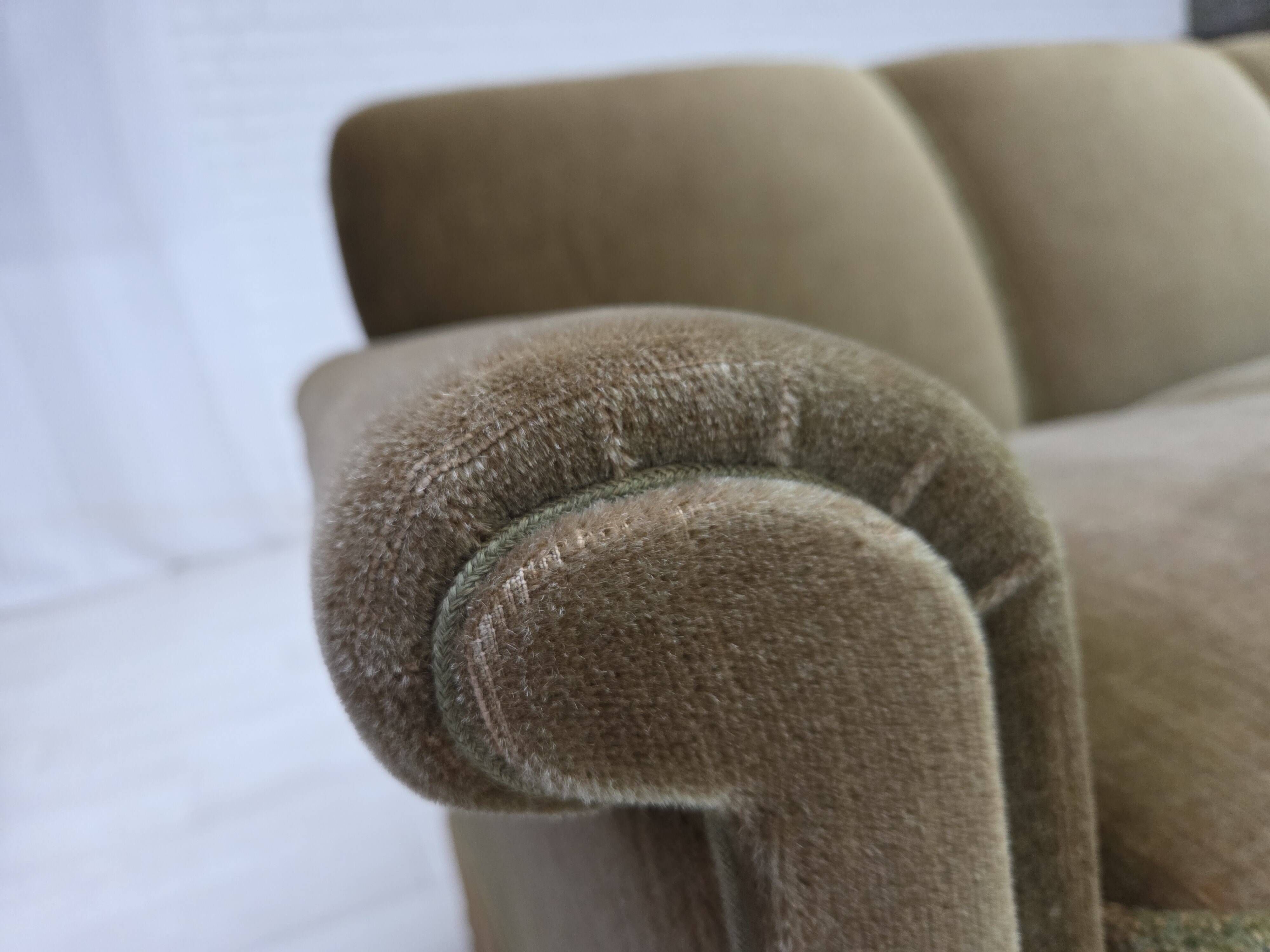 1970s, Danish 3-seater sofa, green furniture velour, teak wood legs.
