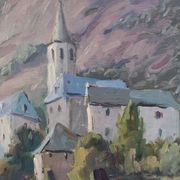 Village post-impressionniste et montagnes, Vicente Gomez Fuste