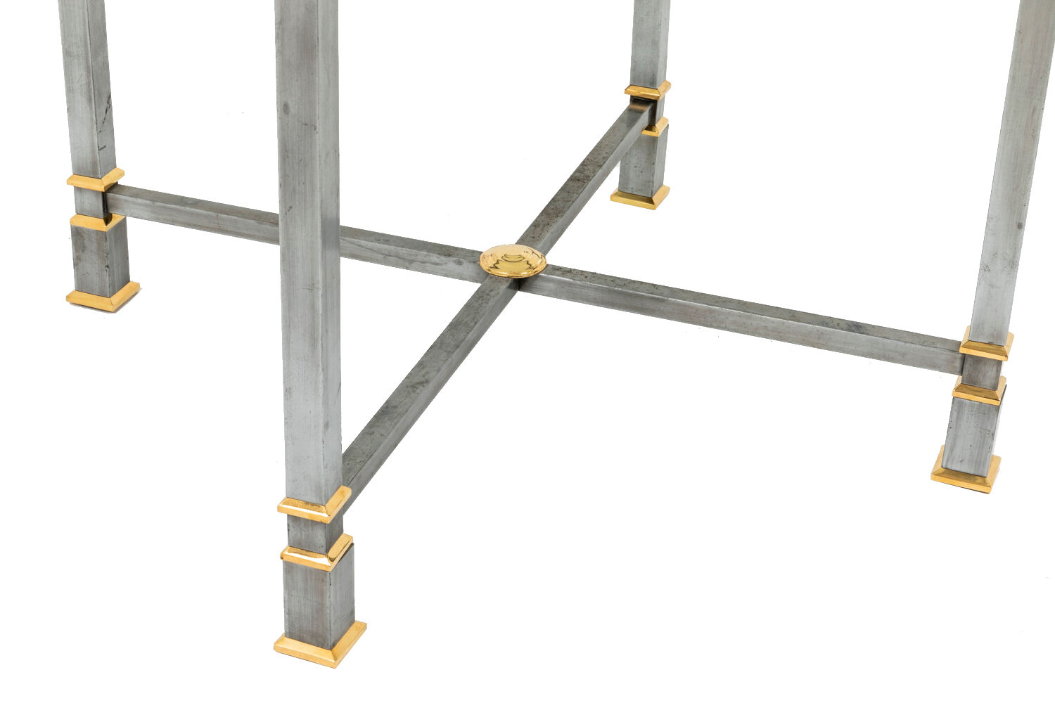 Brushed and gilded metal table, glass tray, 1970s