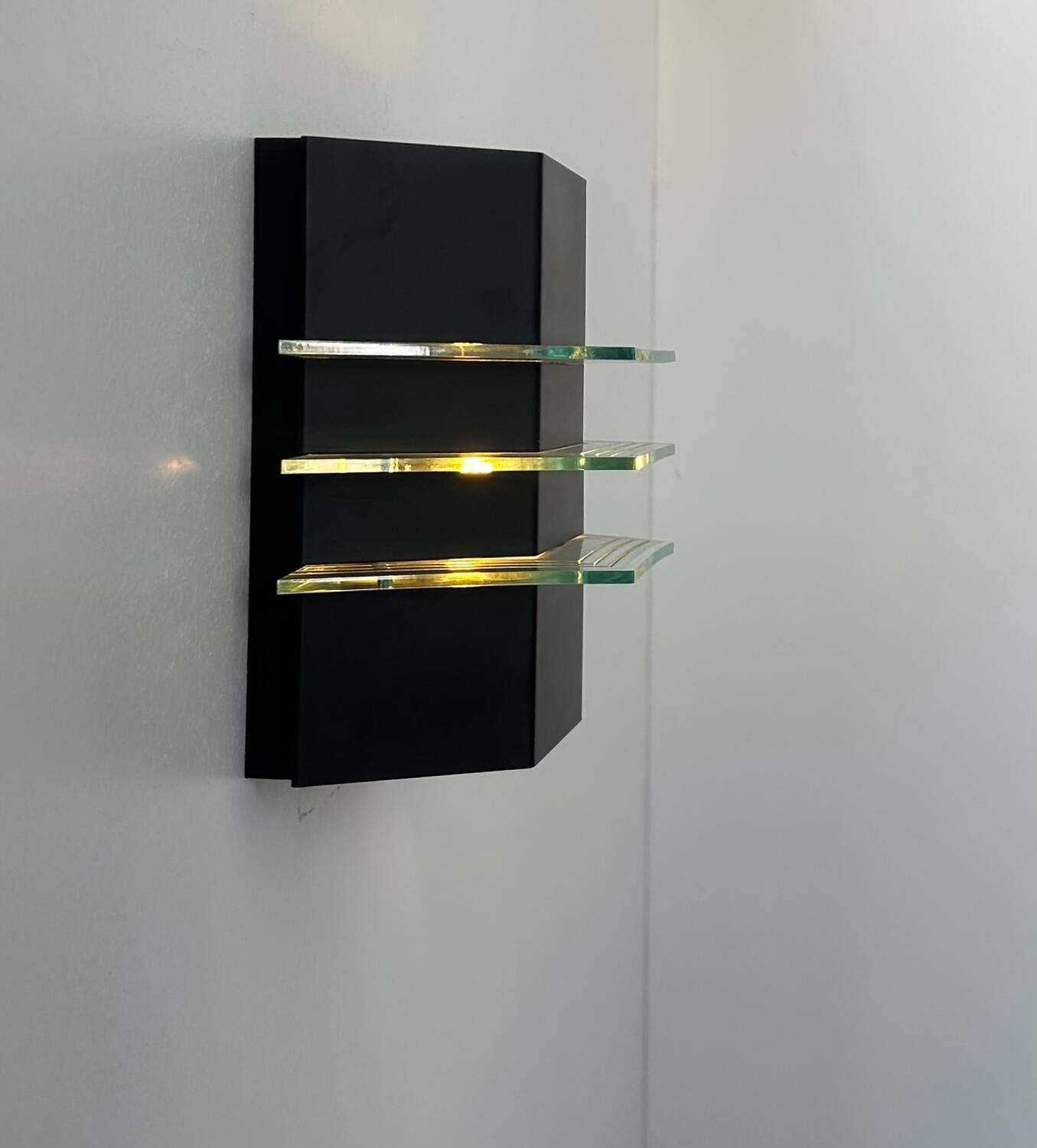 Vintage black metal and glass wall lamp, France 1980