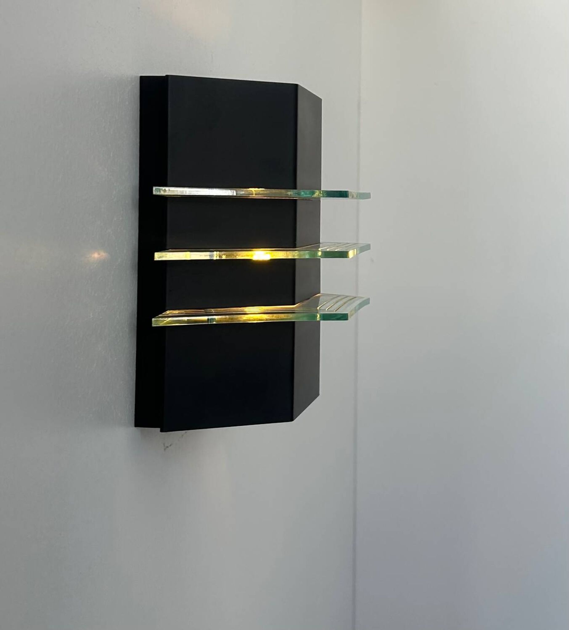 Vintage black metal and glass wall lamp, France 1980
