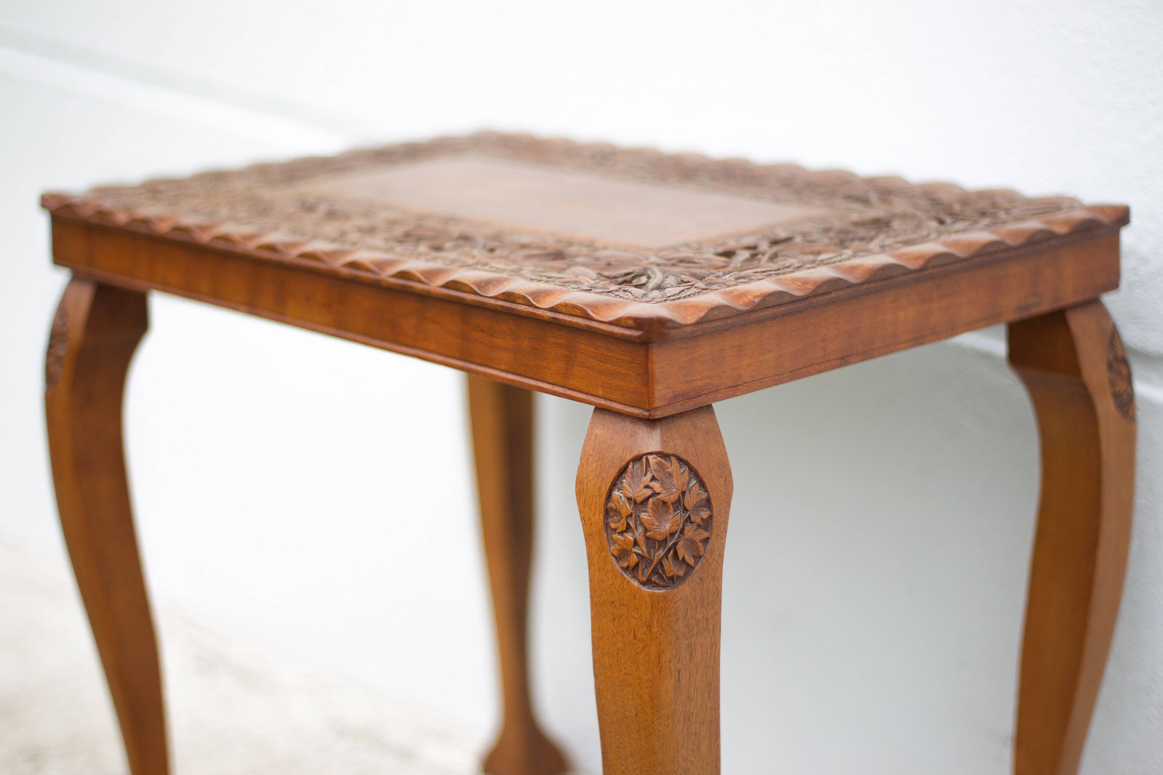 Handmade carved wooden pedestal table, vintage molded coffee table, claw foot table