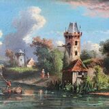 Tableau HST "Paysage aux vilage et pêcheurs" signé Texier + cadre XIX°