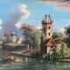 HST painting "Landscape with towns and fishermen" signed Texier + frame XIX°