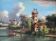 HST painting "Landscape with towns and fishermen" signed Texier + frame XIX°