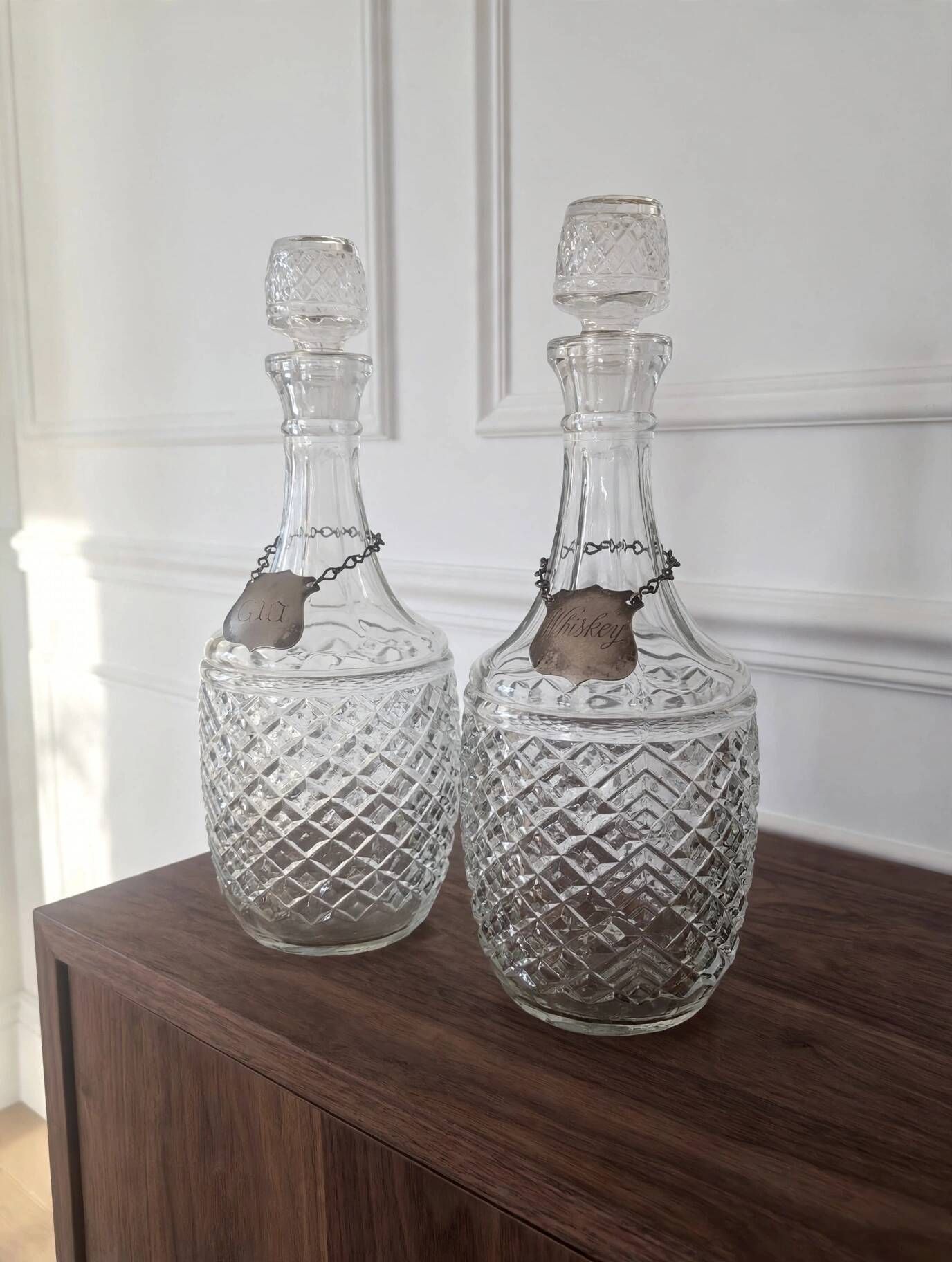 Pair of Vintage 70's Crystal Whisky Gin Decanters