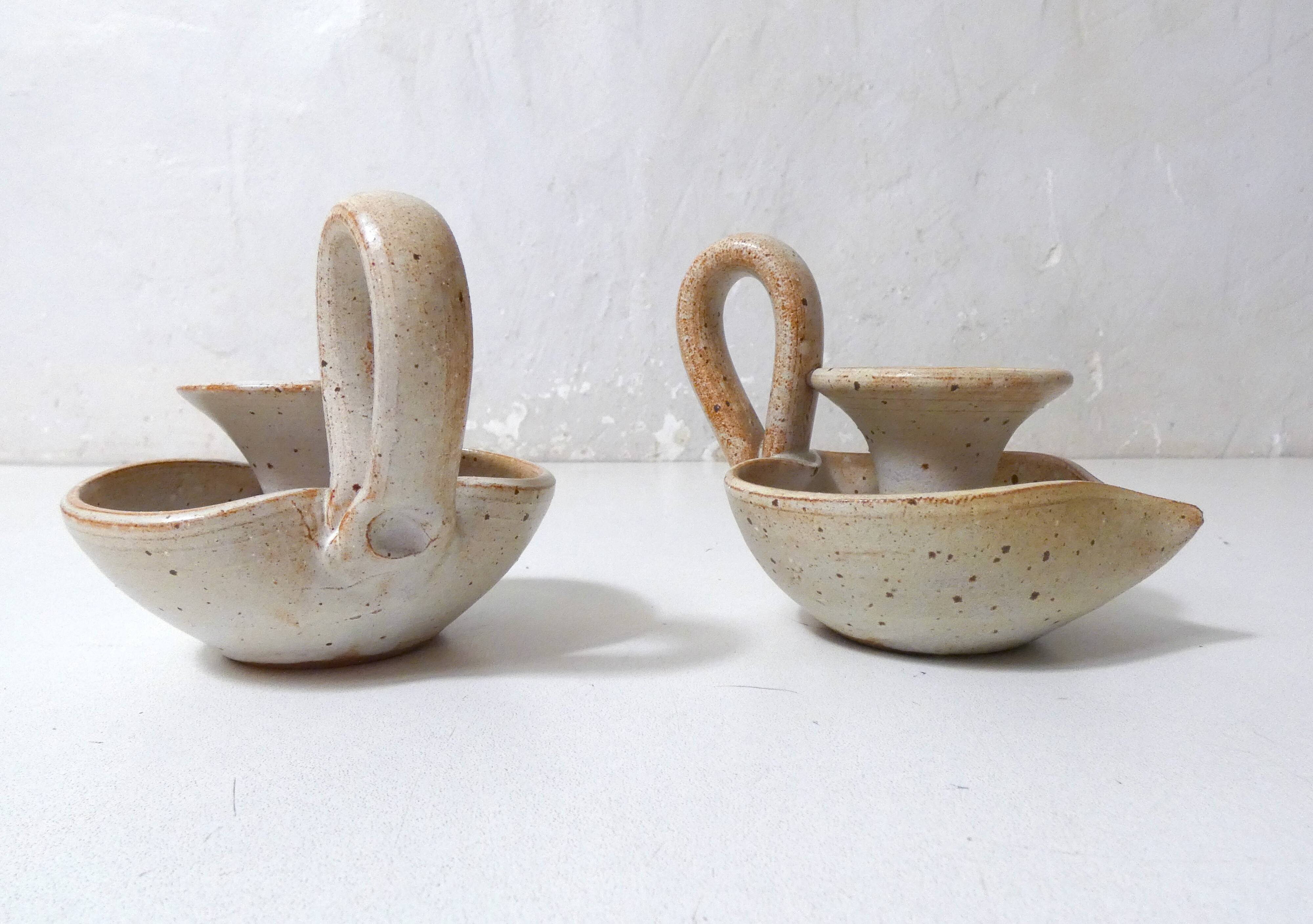 pair of vintage stoneware candlesticks