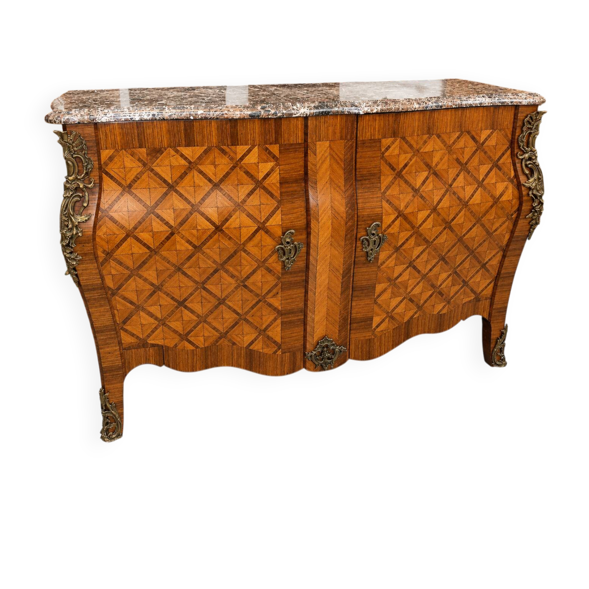 Curved door commode in marquetry in the Louis XV style – Marble top