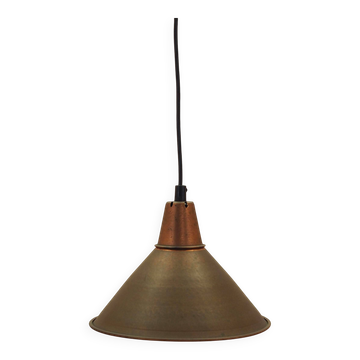 Danish Brass Pendant Lamp, Industrial Cone Shade, 1960s