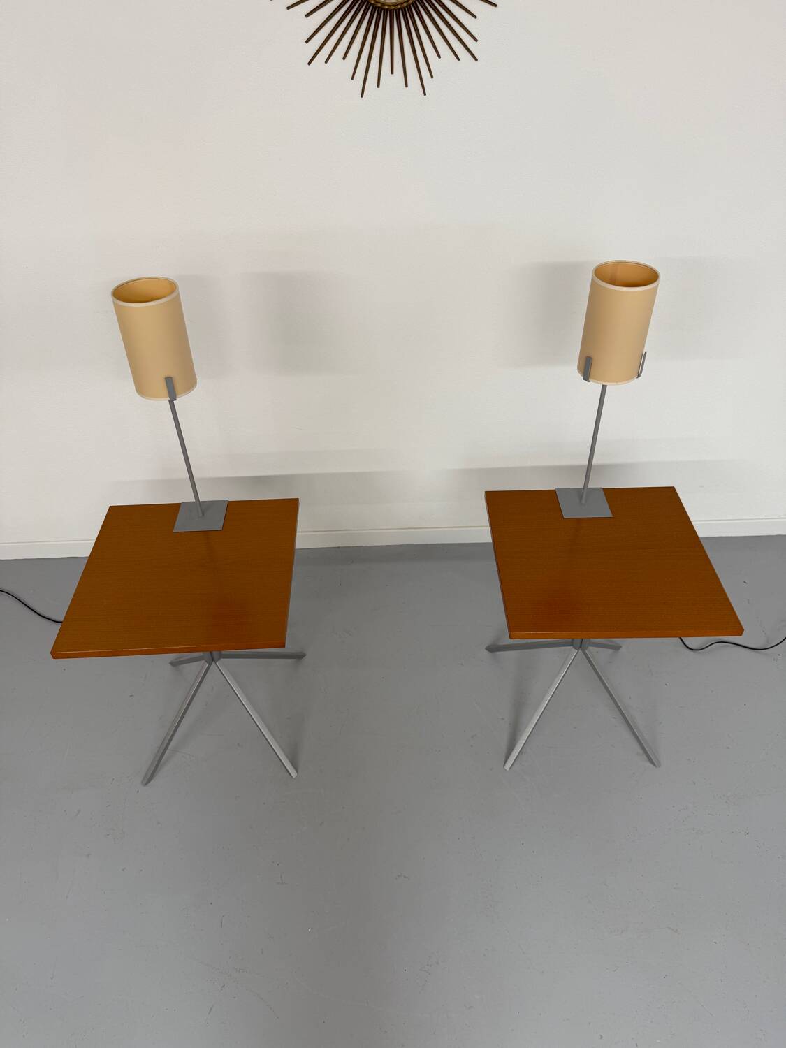Side table / bedside table with designer lighting, Ligne Roset metal and wood