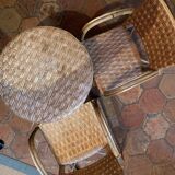 Set of two arm armchairs and table in wicker and rattan