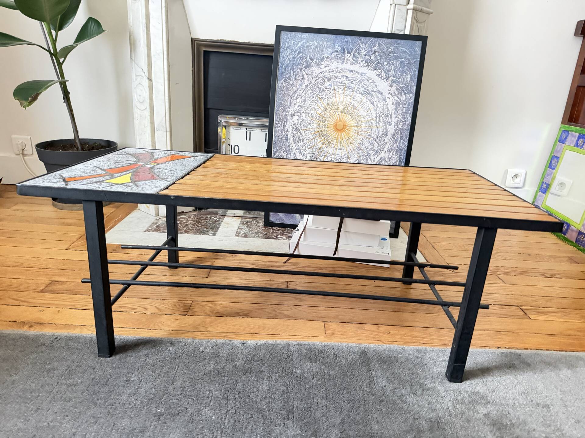 Table basse vintage années 1960 en bois, pierre de lave émaillée et fe