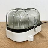 Industrial white porcelain cage wall light with ribbed glass, 1970s