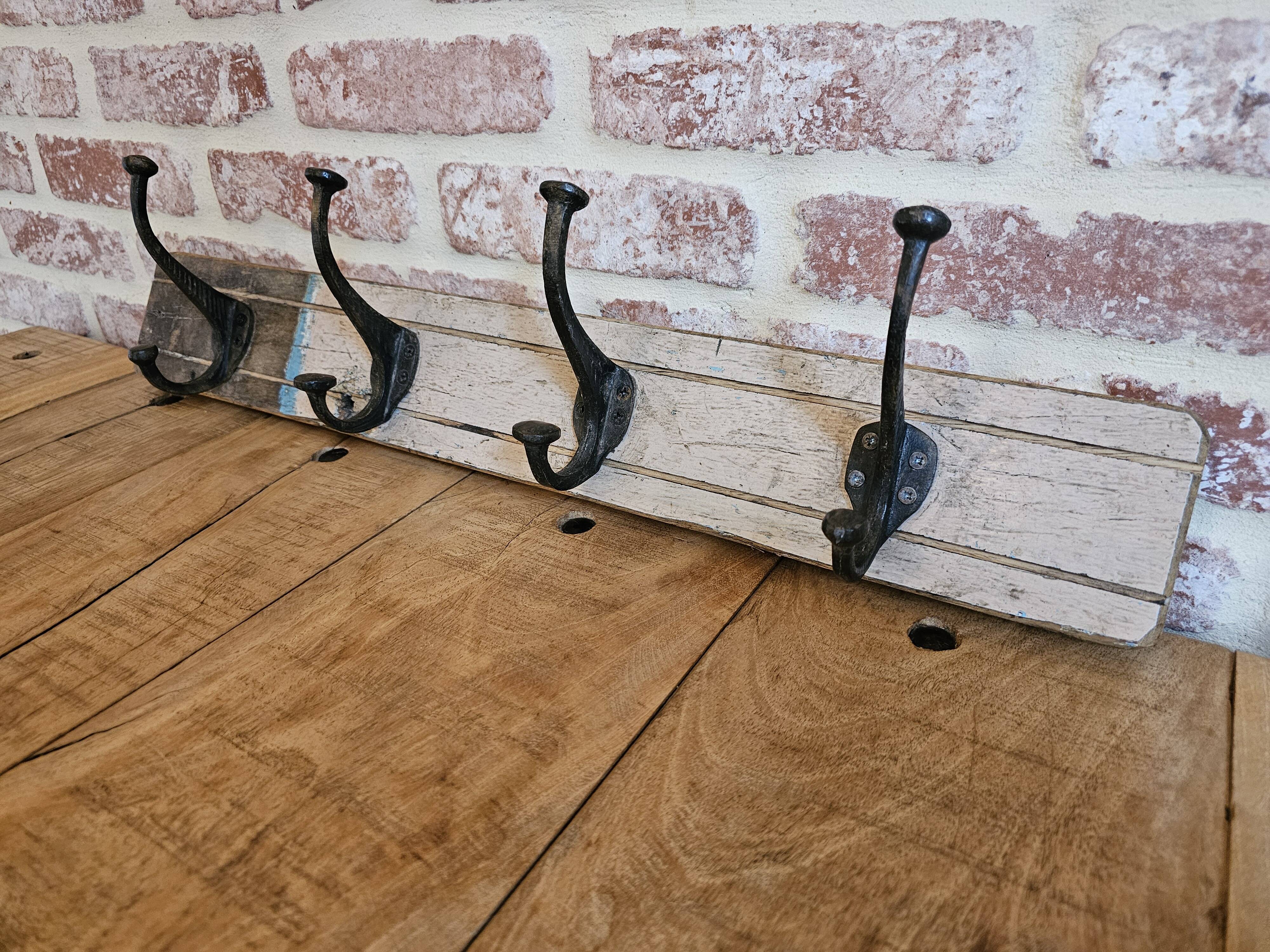 Solid teak coat hook with 4 double cast iron hooks