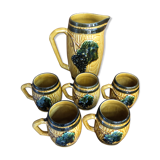 Ancien service pichet & 5 chopes céramique décor vigne raisin jaune vert vintage