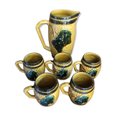 Ancien service pichet & 5 chopes céramique décor vigne raisin jaune vert vintage