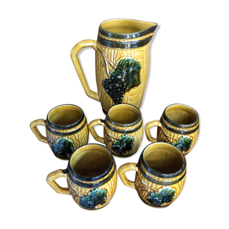 Old pitcher service & 5 ceramic mugs vintage yellow green grape vine decor