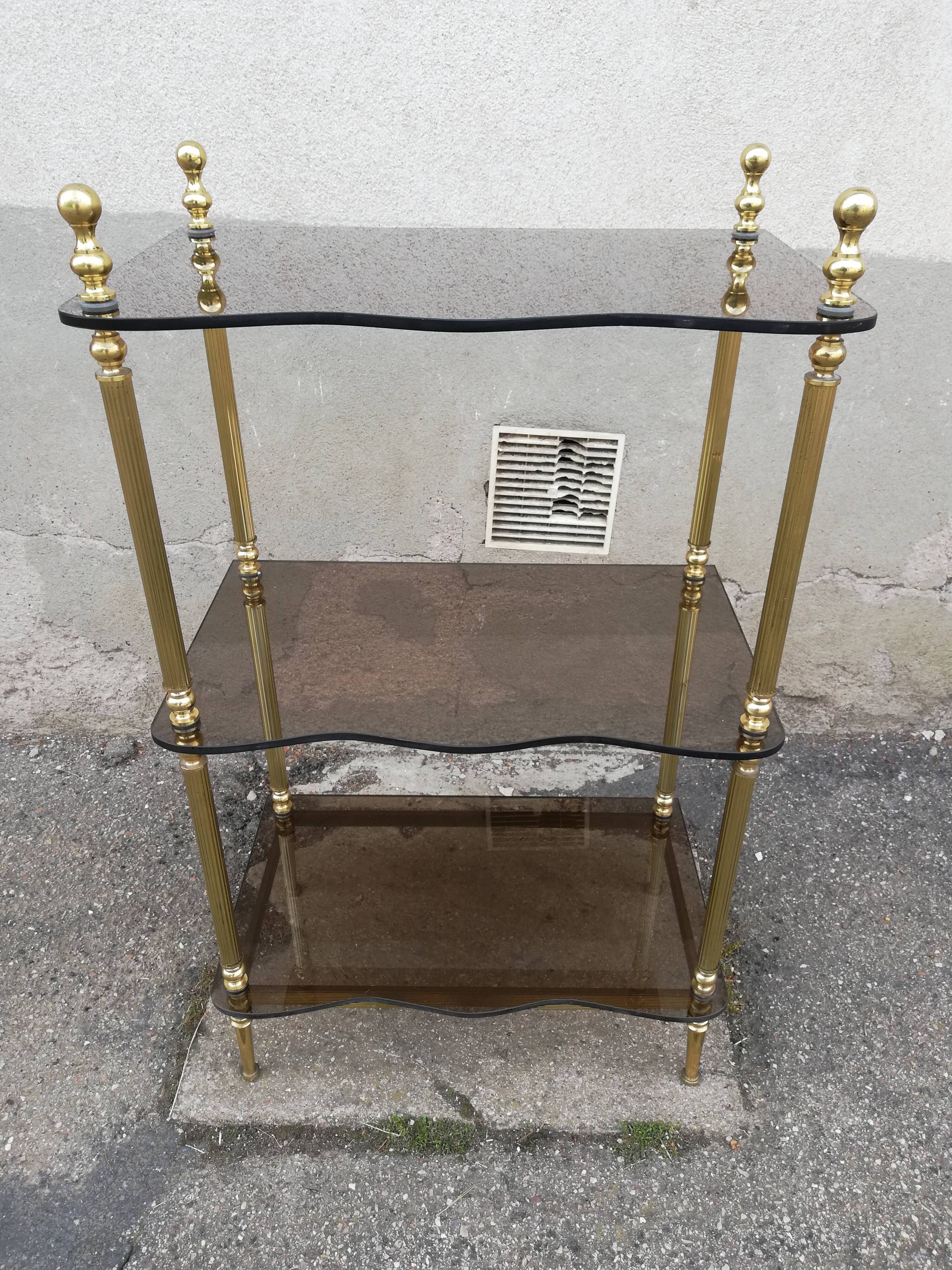 Shelf vintage brass 3 trays smoked glass