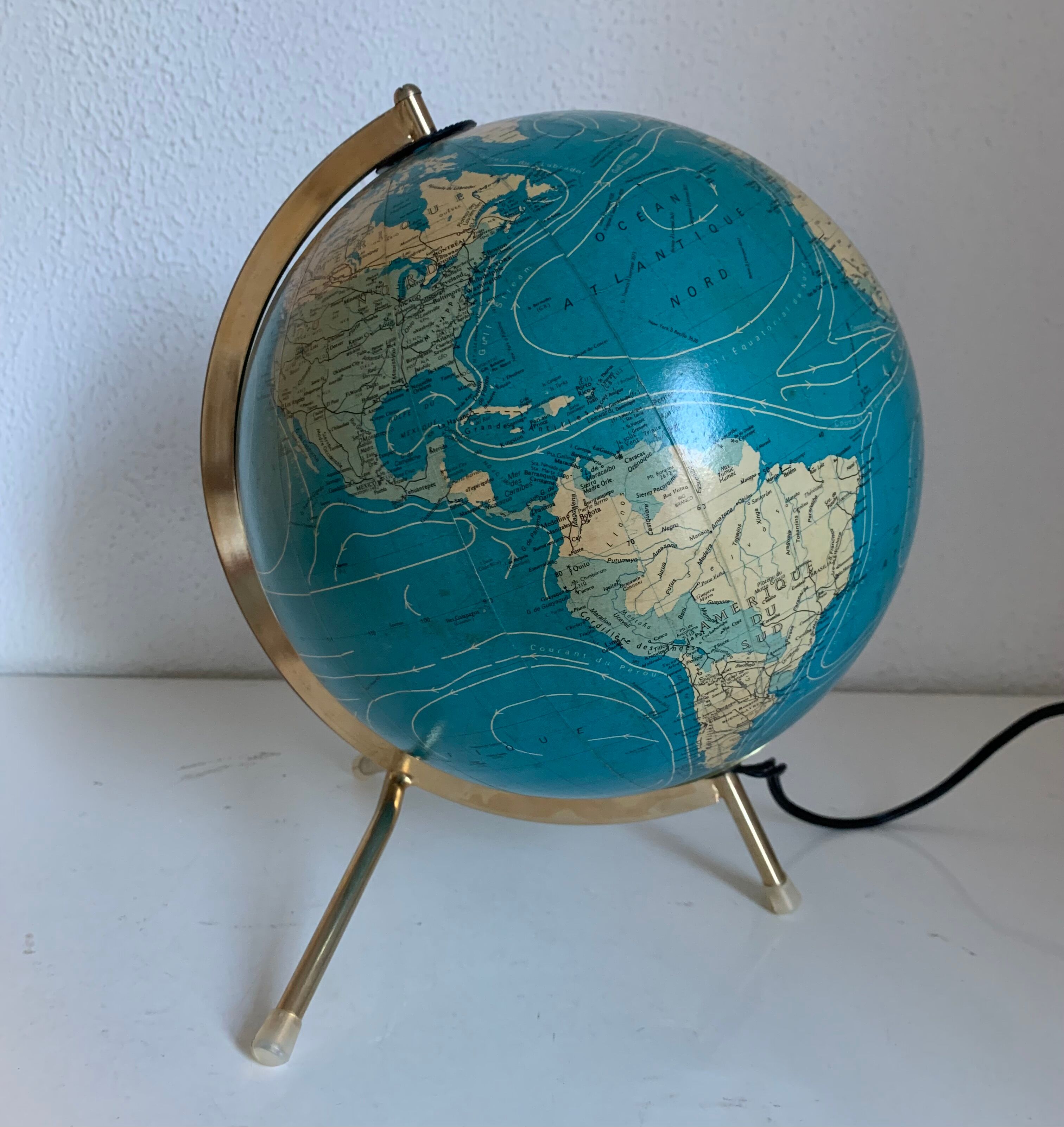 Globe  vintage 1977 terrestre verre tripode doré Taride - 28 cm