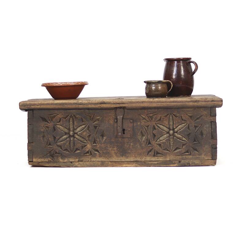 Antique 18th Century Spanish Folk Art Carved Chest