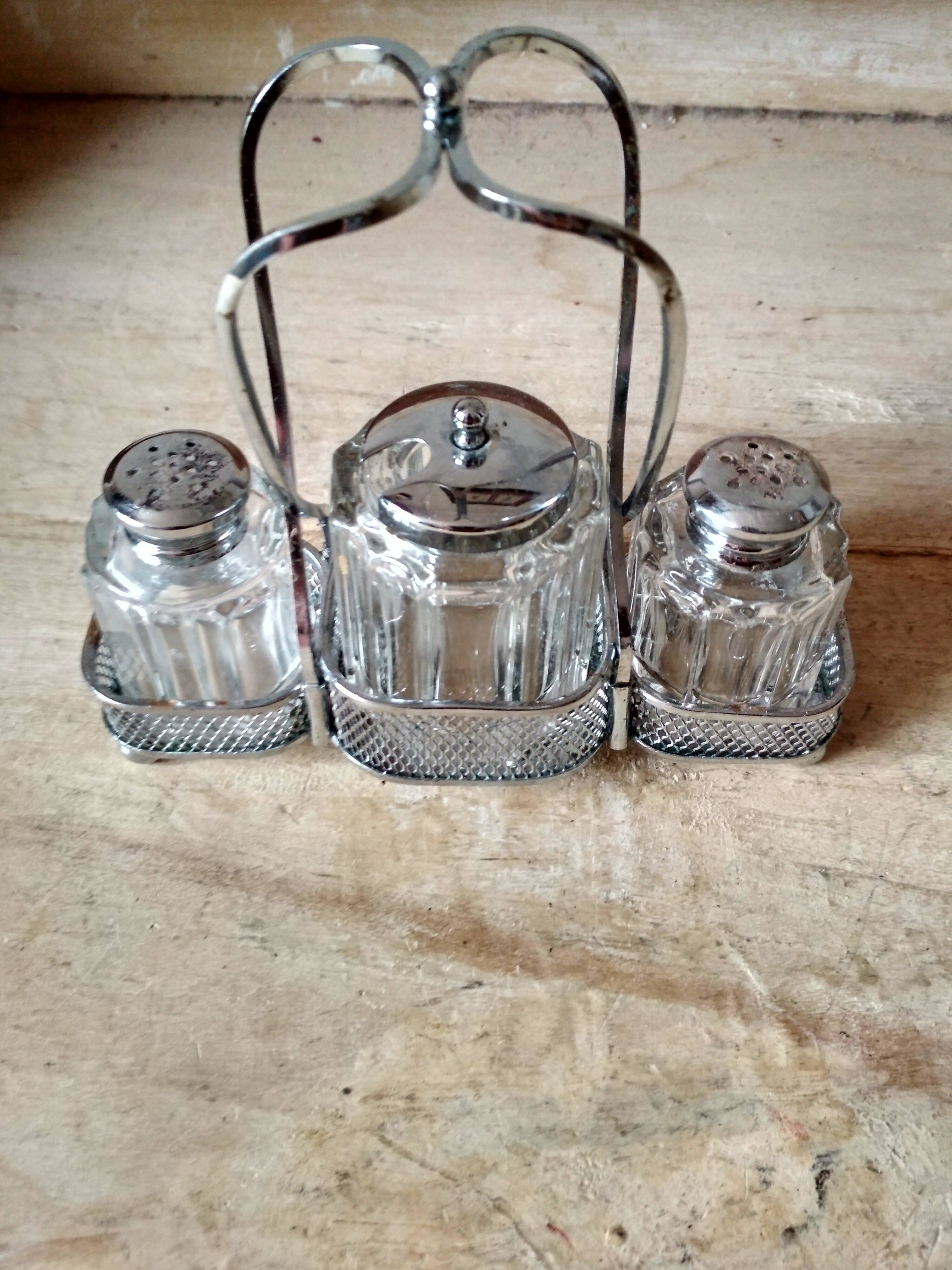 Set of 2 small salt pots and mustard pot in molded glass on their metal servant