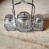 Set of 2 small salt pots and mustard pot in molded glass on their metal servant