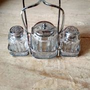 Set of 2 small salt pots and mustard pot in molded glass on their metal servant