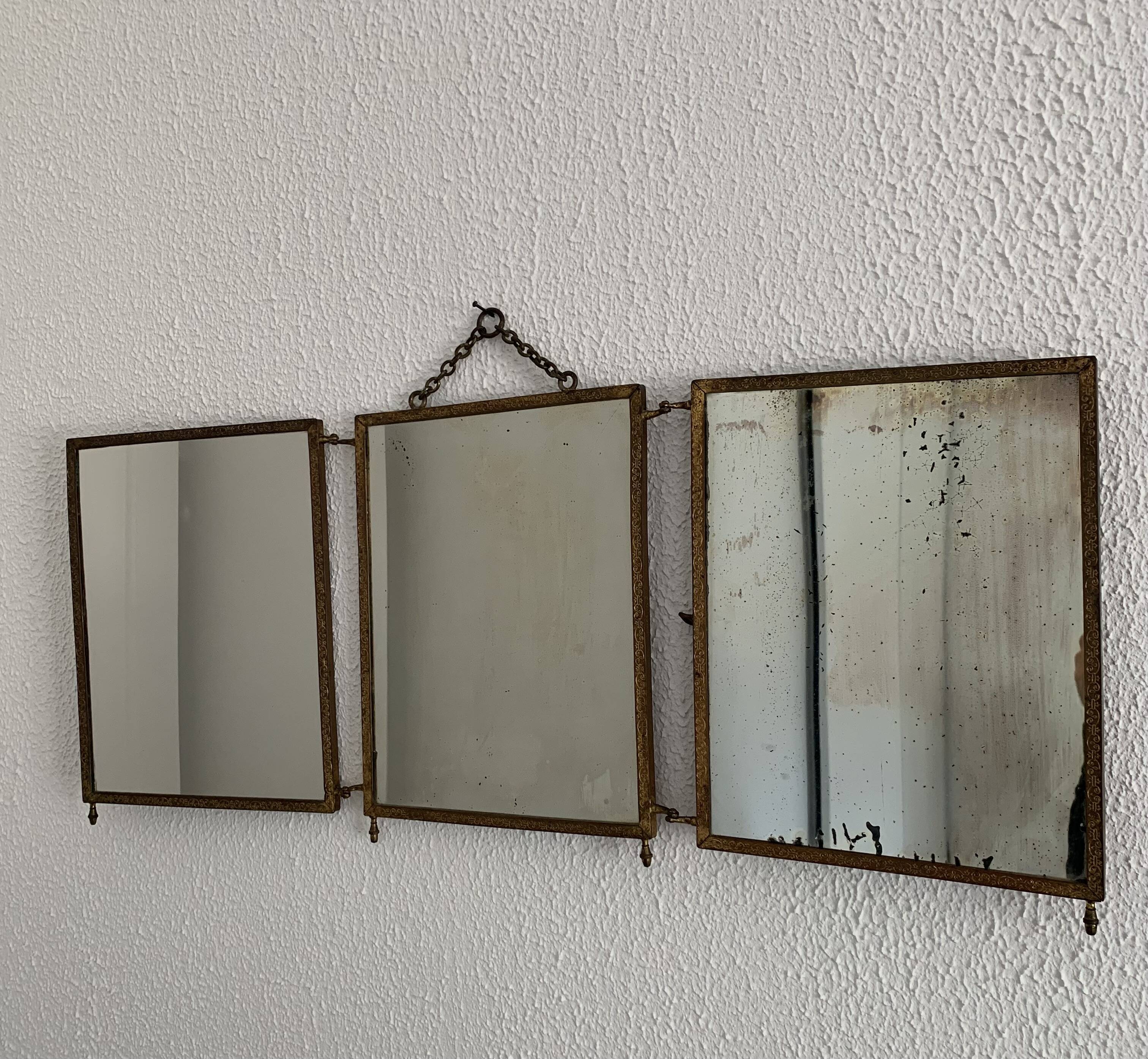 Vintage mirror 1900 barber triptych brass and wood - 29 x 70 cm